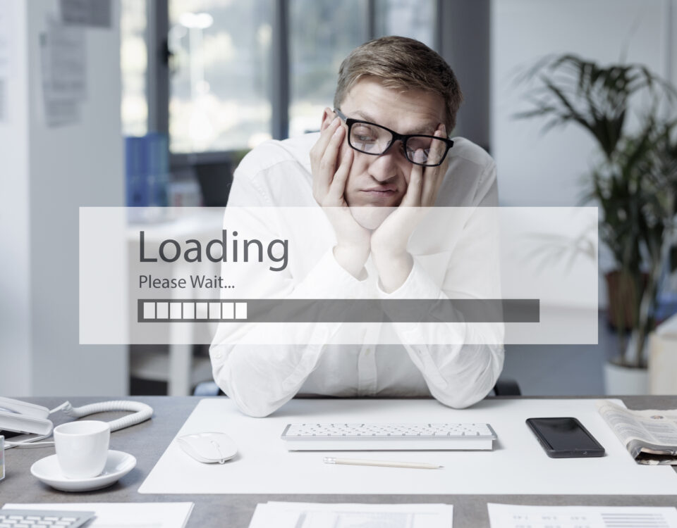 Exhausted stressed office worker and slow loading bar, job burnout concept