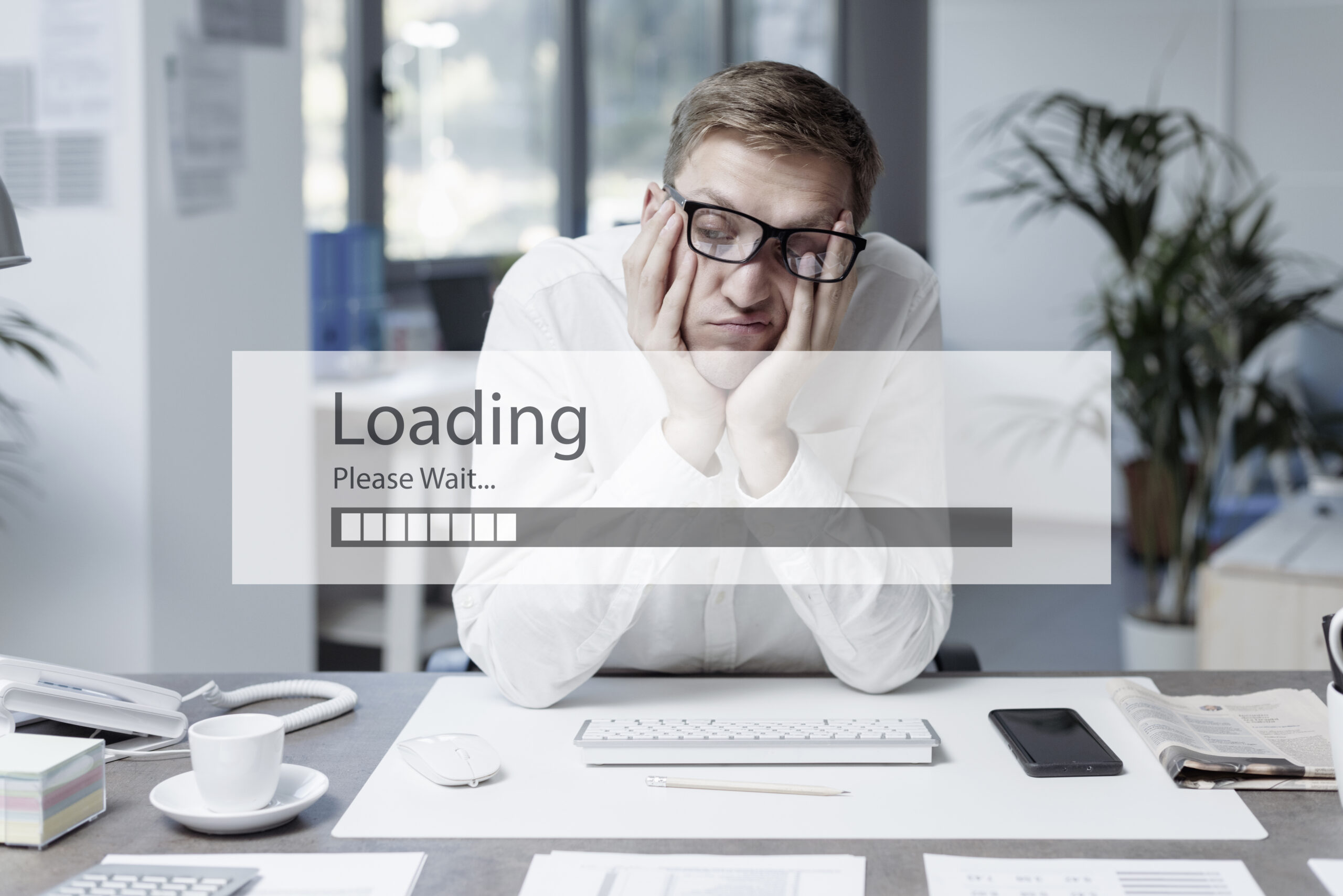 Exhausted stressed office worker and slow loading bar, job burnout concept