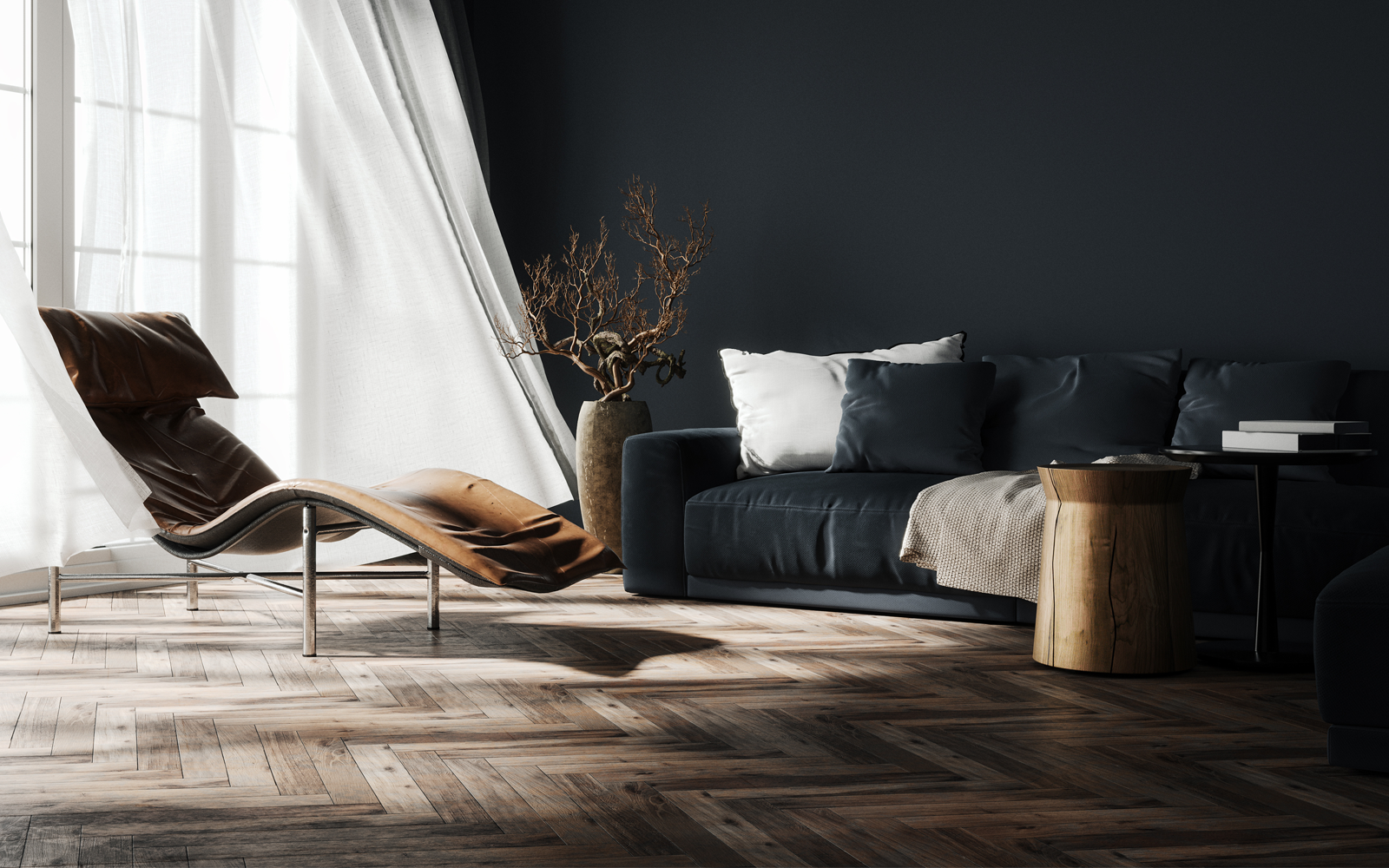 Modern interior design project for RE agency client with lounge chair and dark sofa