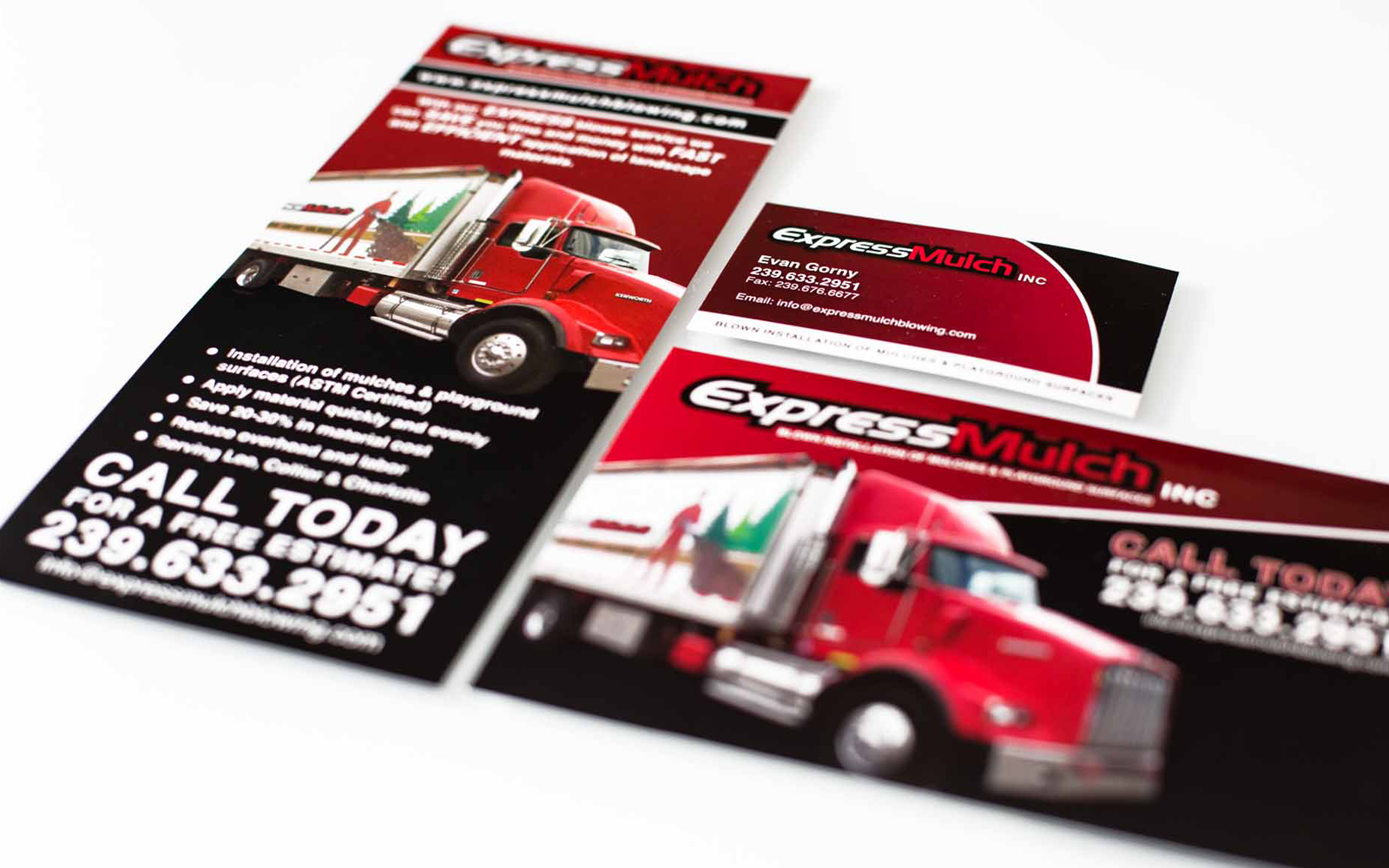 Branded marketing flyers, and brochures for Express Mulch by RE agency